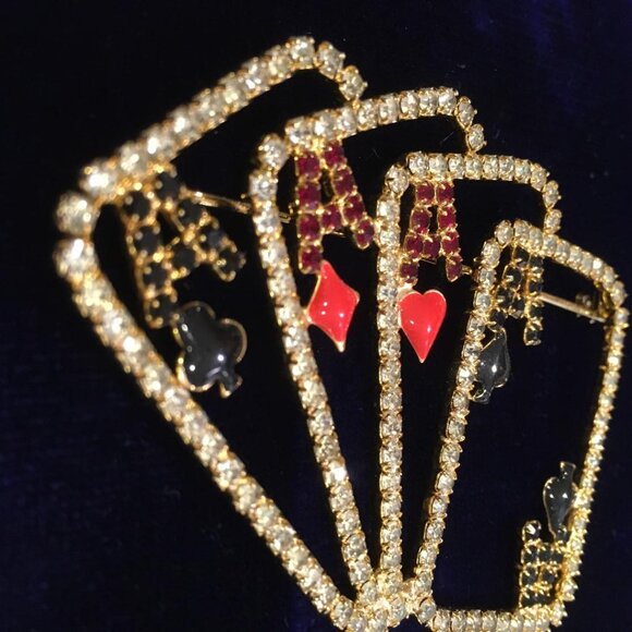 Four Aces Poker Hand Lucky Bling Rhinestone Brooch - Picture 2 of 4